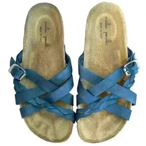 Mila Paoli Cork Leather Braided Straps Tan Dark Blue Comfort Sandals, Size 8